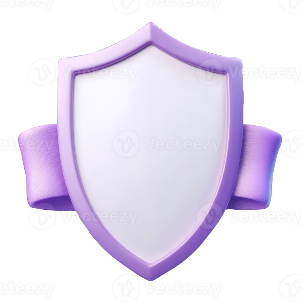 3d White shield wrapped with lilac ribbon, digital providing blank space against isolated on a transparent background png