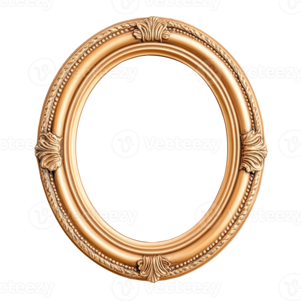 Golden ornate oval frame with isolated transparent background, displaying artwork png