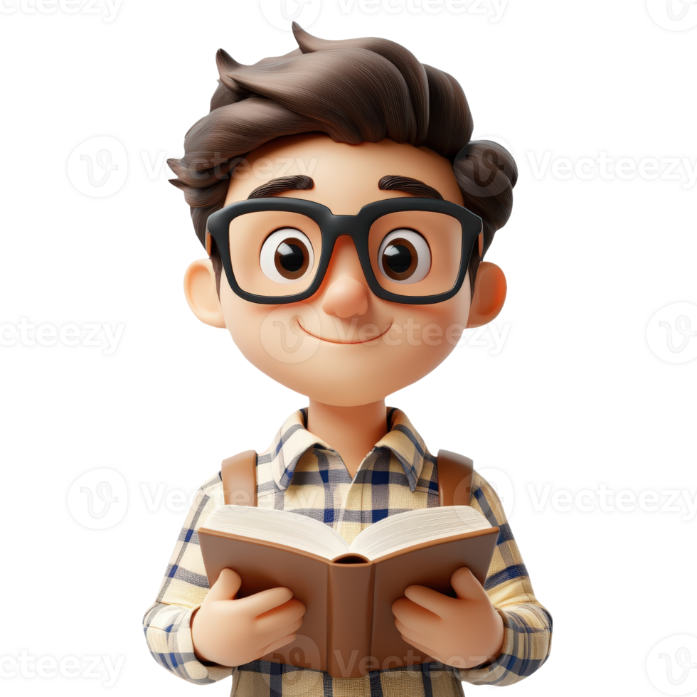 3D icon avatar student man is reading a book, student school, concept of education learning on isolated transparent background png