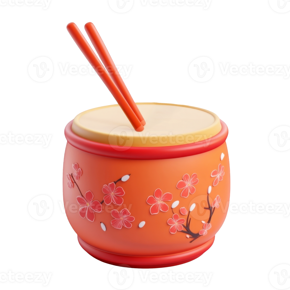 3d icon Chinese New Year of a traditional asian drum decorated with cherry blossoms, complete with drumsticks, set against a transparent background png