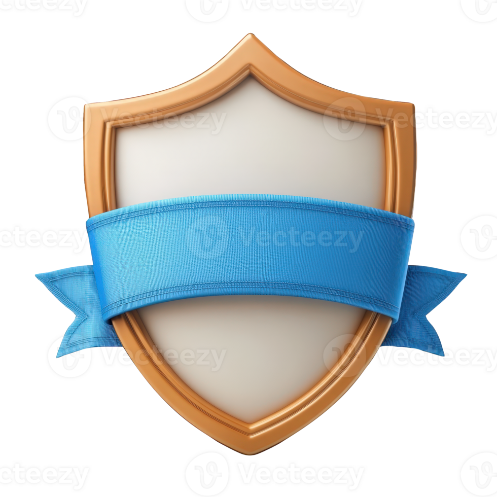 3d Pastel orange shield featuring blue ribbon logo, symbolizing security and protection against transparent backdrop png