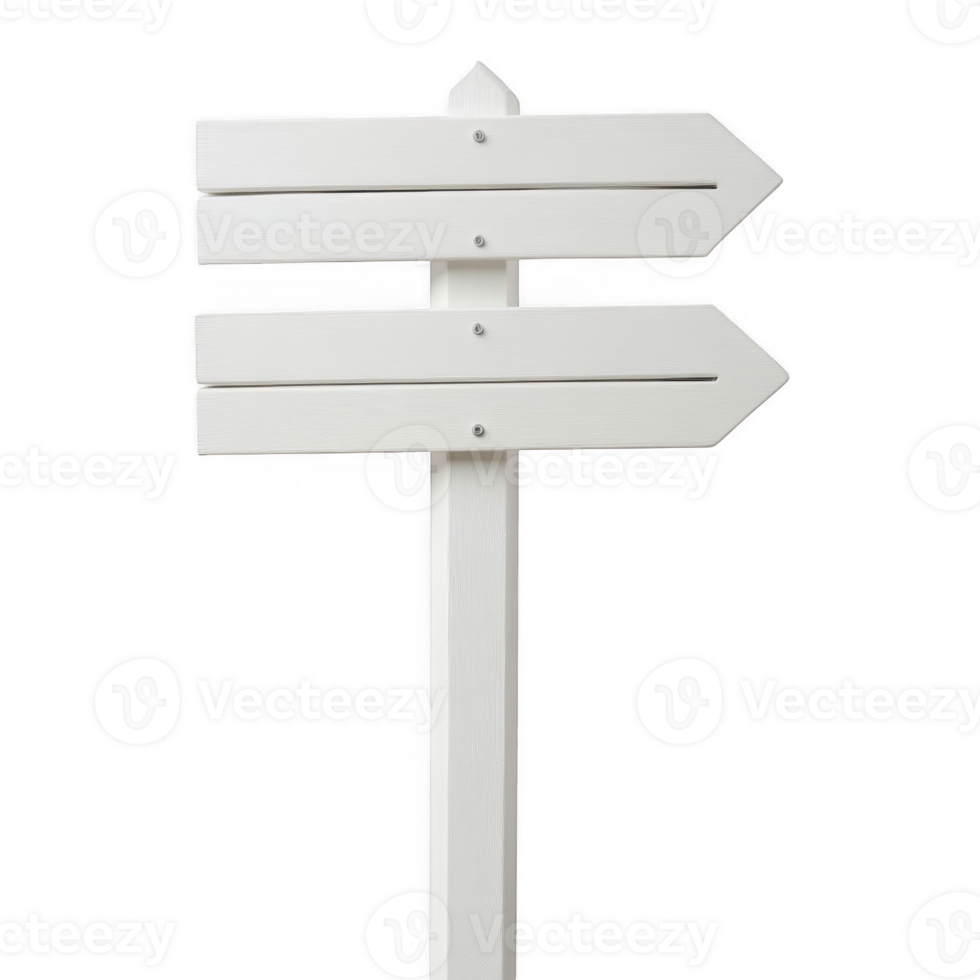 Empty weathered white wooden signpost mockup with three arrows pointing in different directions, isolated on transparent background png