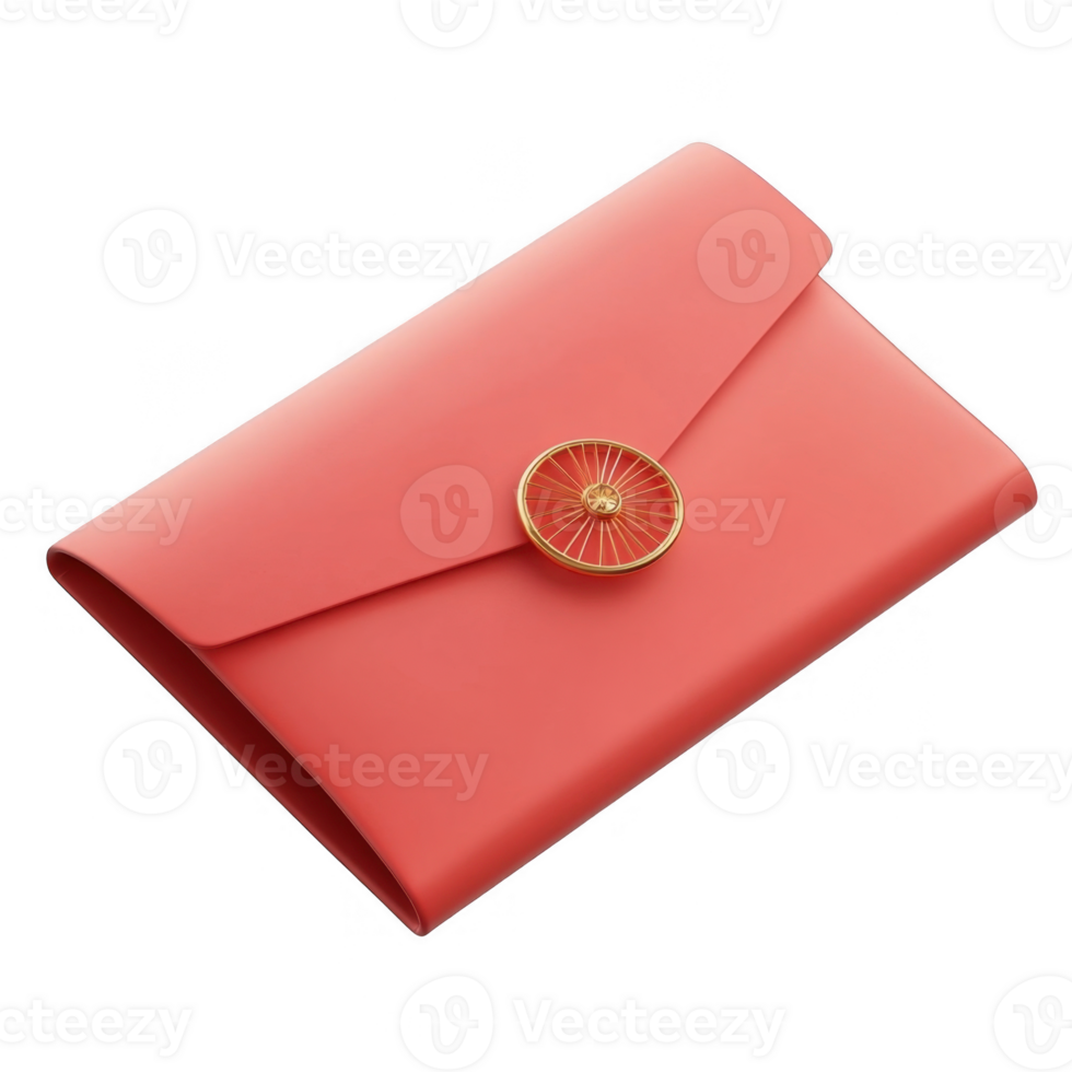 3d icon of a closed red envelope Chinese New Year Hong Bao sealed with a golden sun shaped button, isolated on a transparent background for messaging png