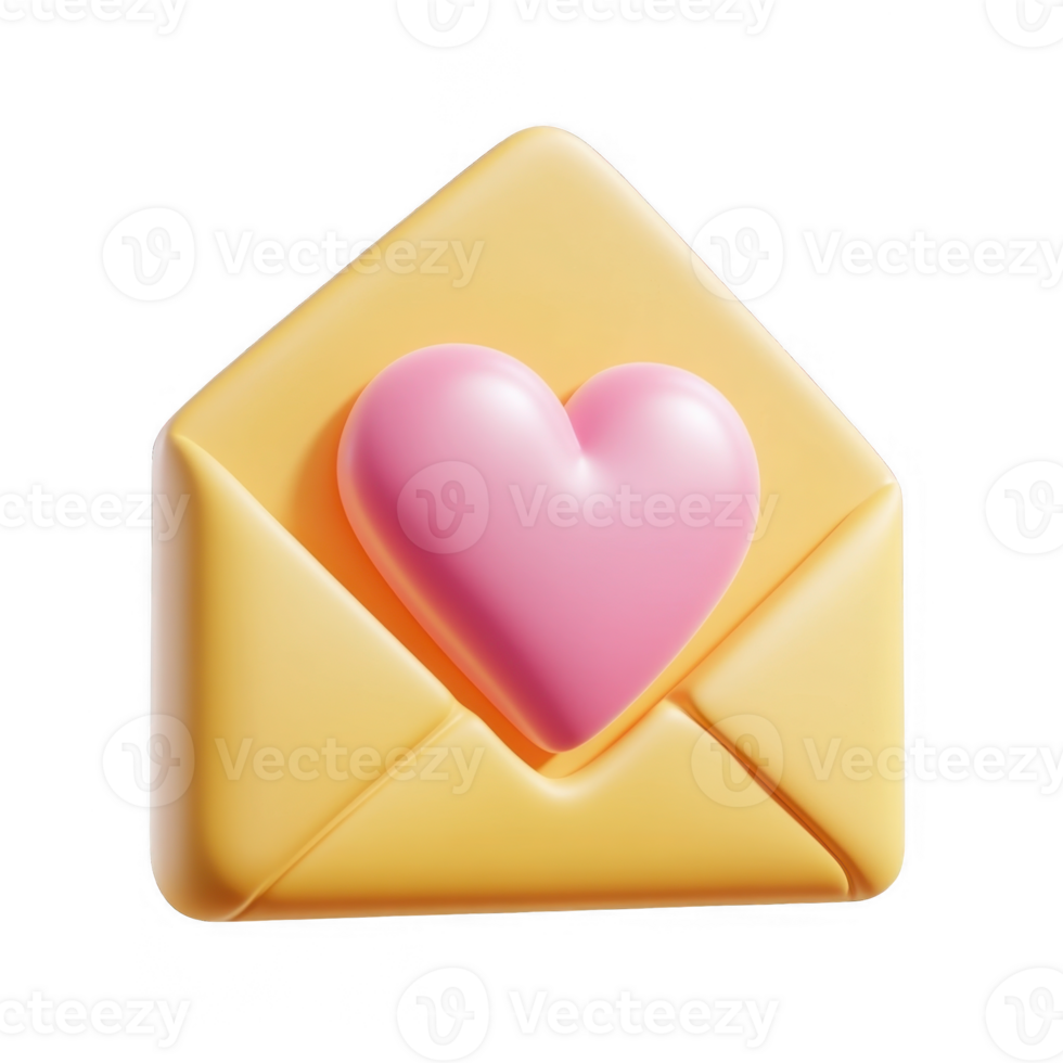 3d icon Valentine email Pink heart mail emerging from yellow envelope, love message floating isolated on a transparent background png