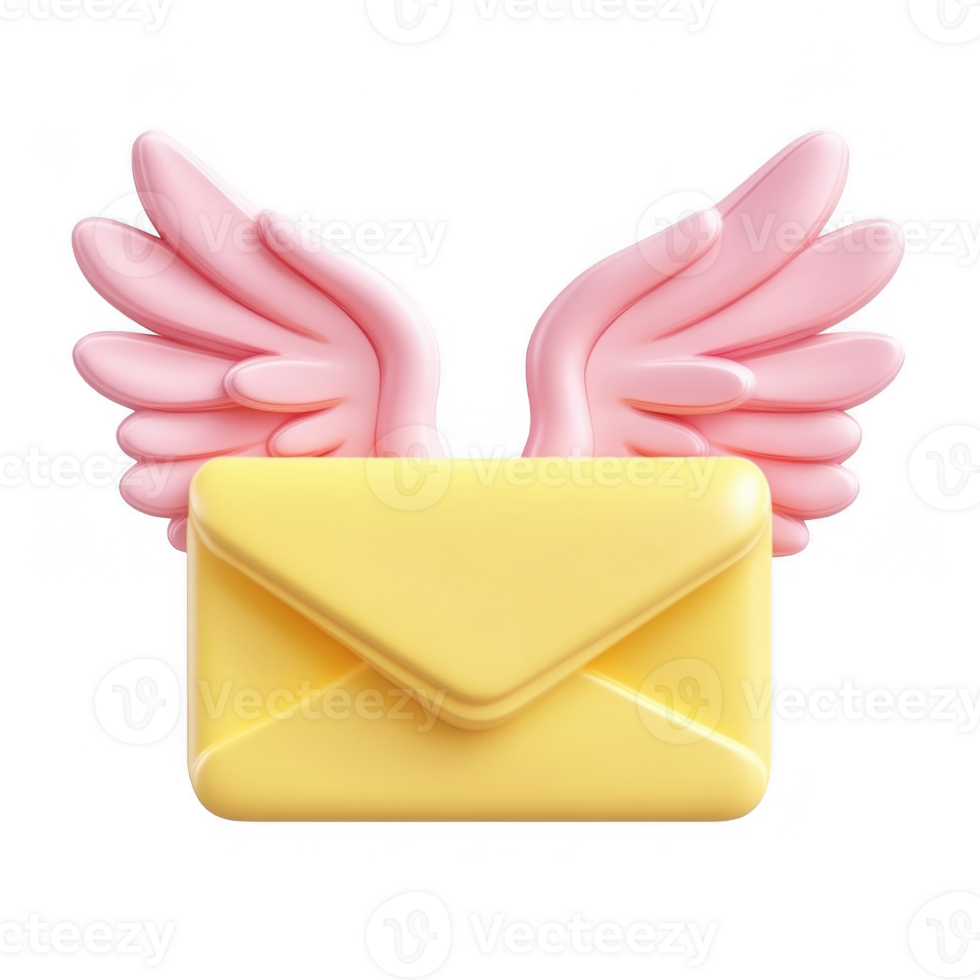 3d icon Yellow closed envelope mail sporting pink wings, digitally against isolated on a transparent background png