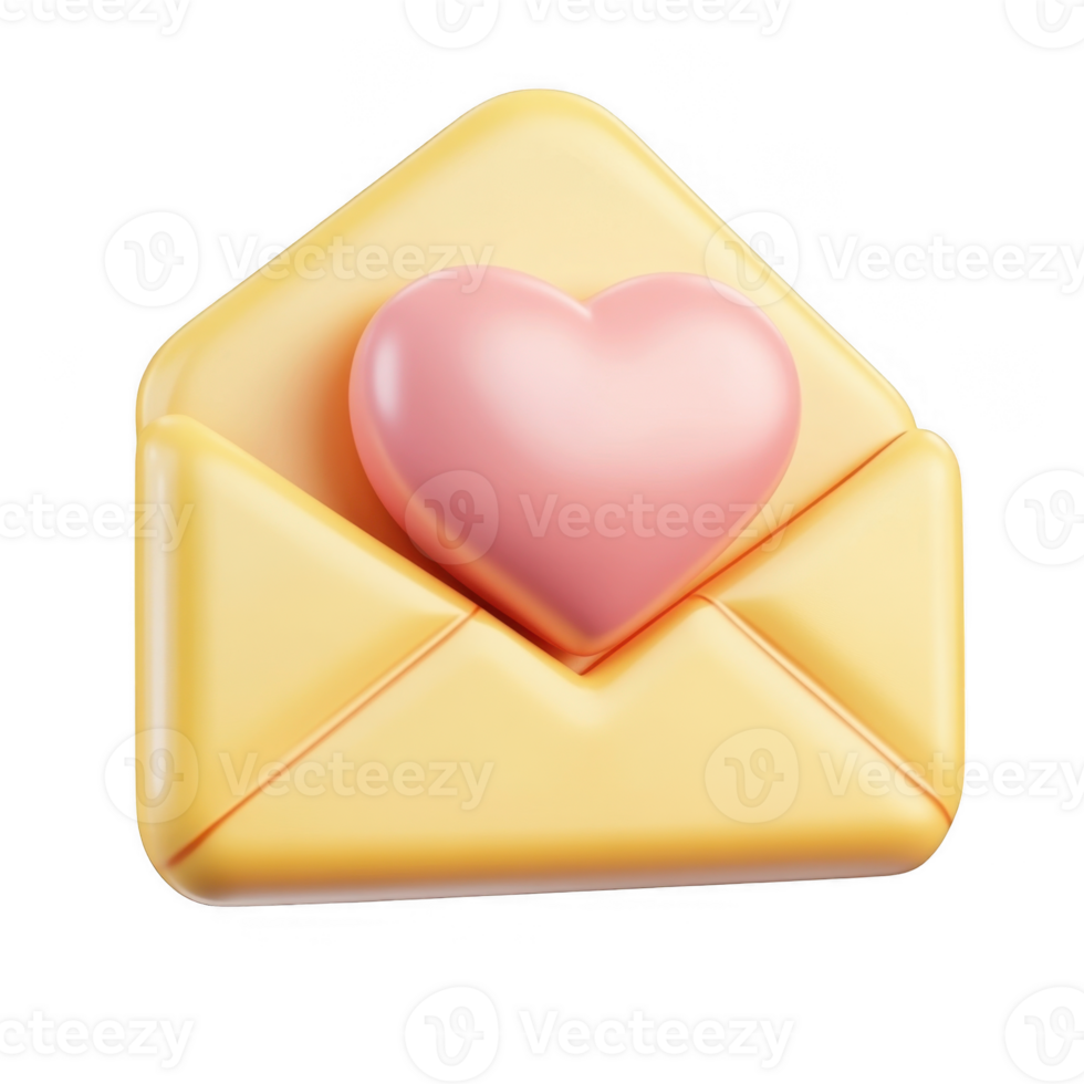3d icon Valentine Pink heart emerging from yellow letter envelope, love message floating isolated on a transparent background png