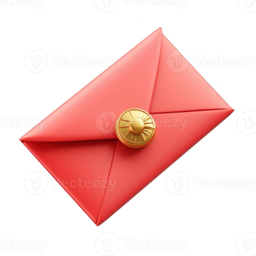 3d icon of a closed red envelope Chinese New Year sealed with a golden Hong Bao sun shaped button, isolated on a transparent background for messaging png