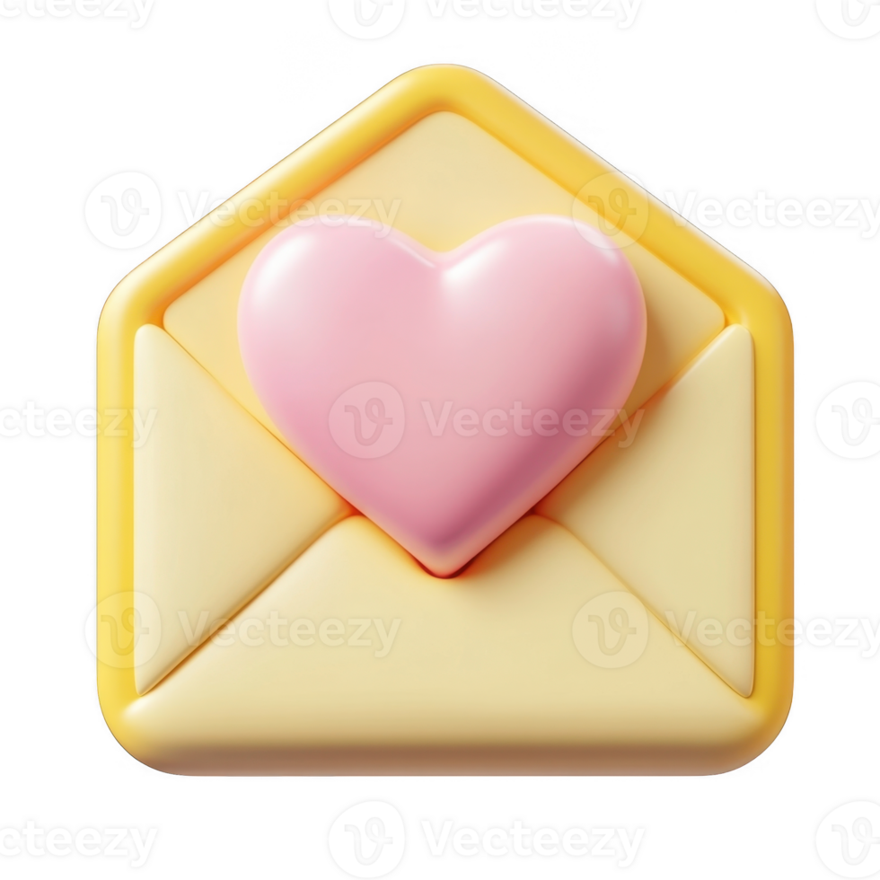 3d icon Valentine Pink heart emerging from yellow envelope, love message mail floating isolated on a transparent background png