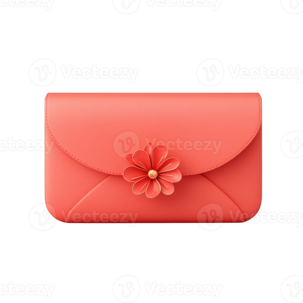3d icon of a closed red envelope Chinese New Year sealed with a golden sun shaped button Hong Bao, isolated on a transparent background for messaging png