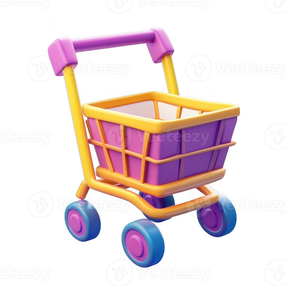 3d icon Lilac shopping cart with glossy wheels, metallic basket standing empty isolated on a transparent background png
