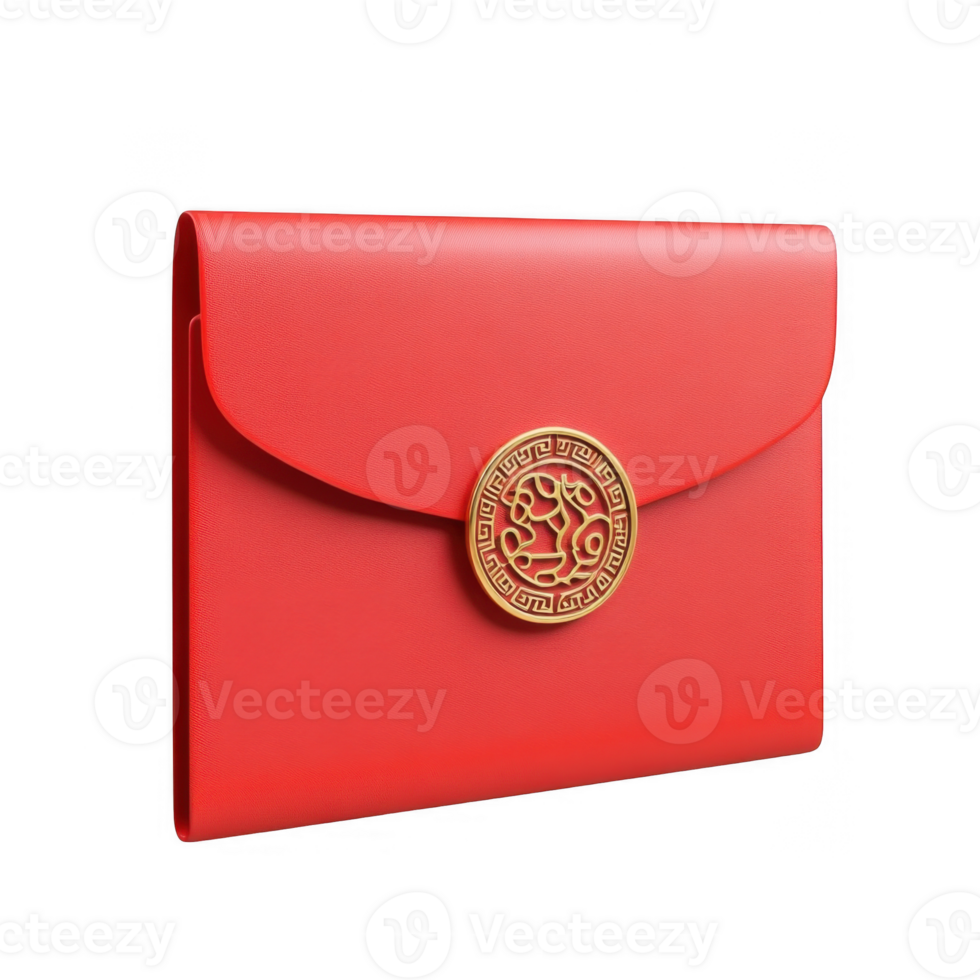 3d icon of a closed red envelope Chinese New Year sealed with a golden sun flower shaped button, Hong Bao isolated on a transparent background for messaging png