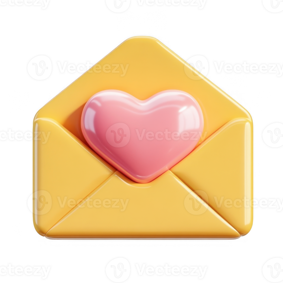 3d icon Valentine Pink heart mail emerging from yellow envelope, love message floating isolated on a transparent background png