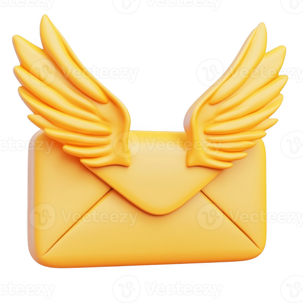 3d icon Yellow closed envelope mail sporting wings, digitally against isolated on a transparent background png