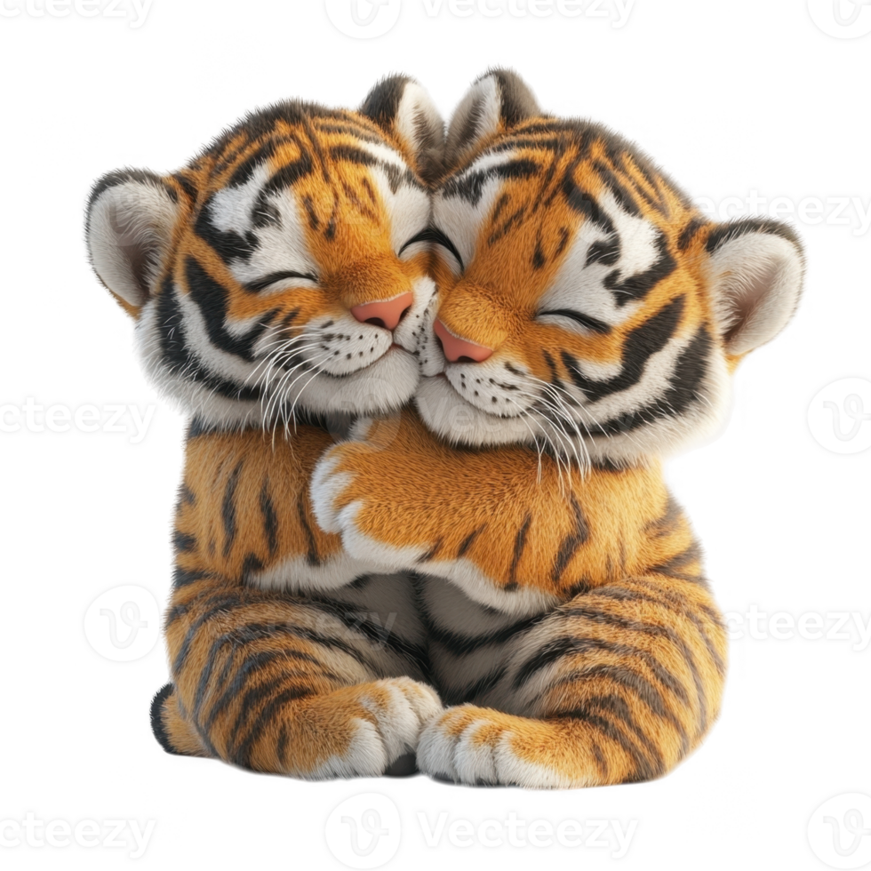 3d icon Two cute valentine couple tiger cubs are cuddling with closed eyes, showing affection on a transparent background png