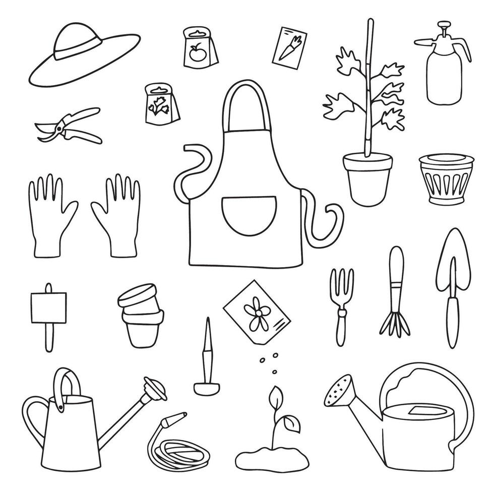 Hand drawn gardening icon set. Spring or summer outdoor equipment. Collection of sketch elements. watering can, apron, hat, shovel, fork, rake, wheelbarrow, gloves, seeds, sprout. vector