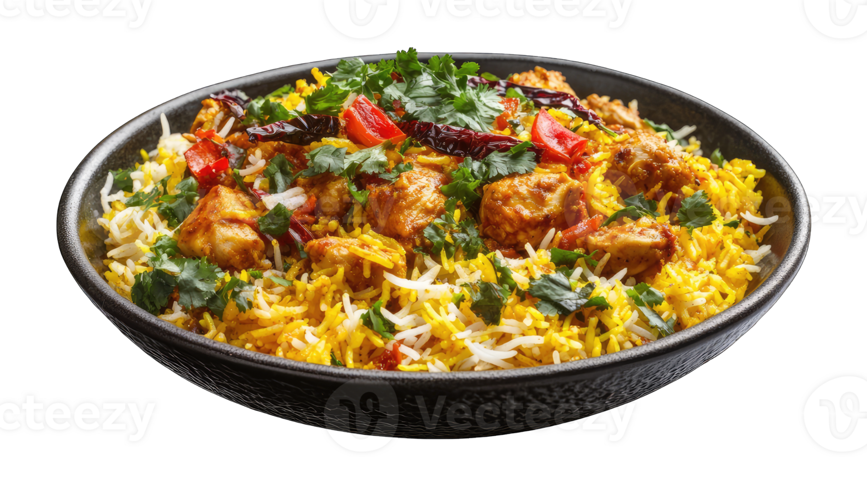 A very delicious plate of chicken biryani with yellow rice and vibrant spices, the dish is set against a transparent background png
