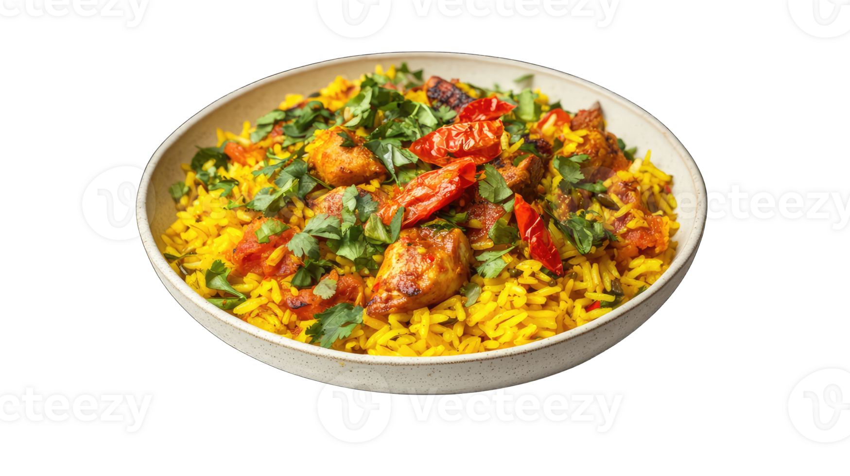 A very delicious plate of chicken biryani with yellow rice and vibrant spices, the dish is set against a transparent background png