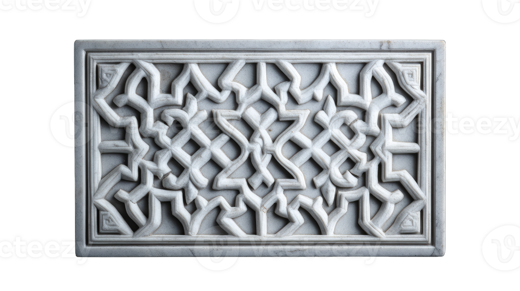 A rectangular panel of white stone with Islamic geometric patterns, against a transparent background, png