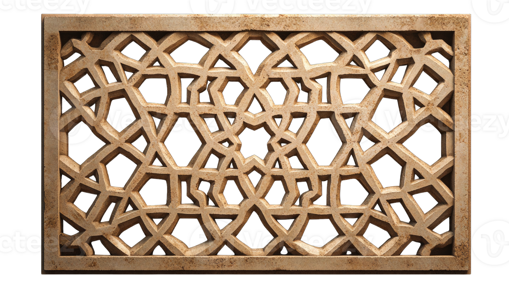 A geometric pattern of Islamic-inspired geometry, made from sandstone on the wall, against a transparent background. png