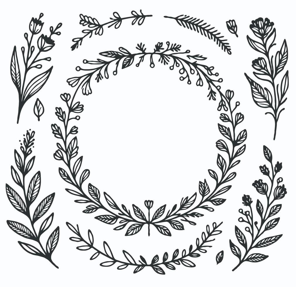 Wreath of Flowers, wild flowers Simple Line Art, Set of Decorative Elements of Plants vector