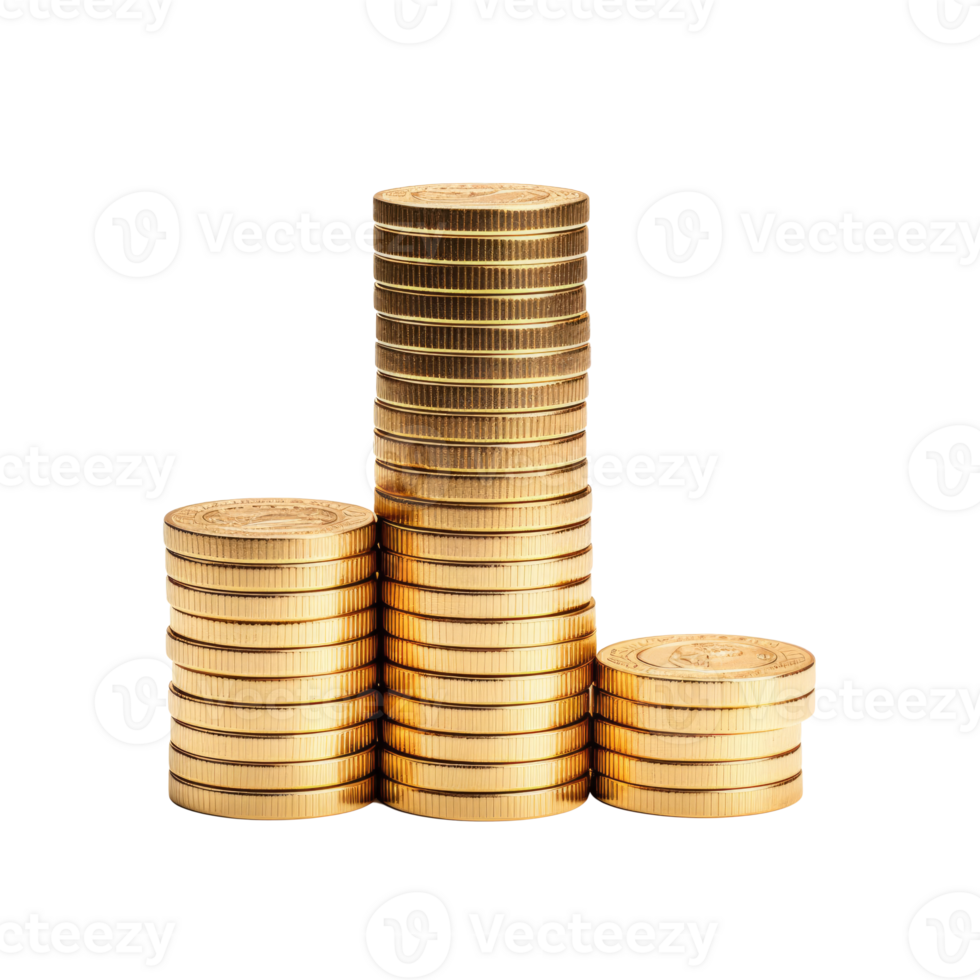 A stack of shiny gold coins representing wealth and investment. png