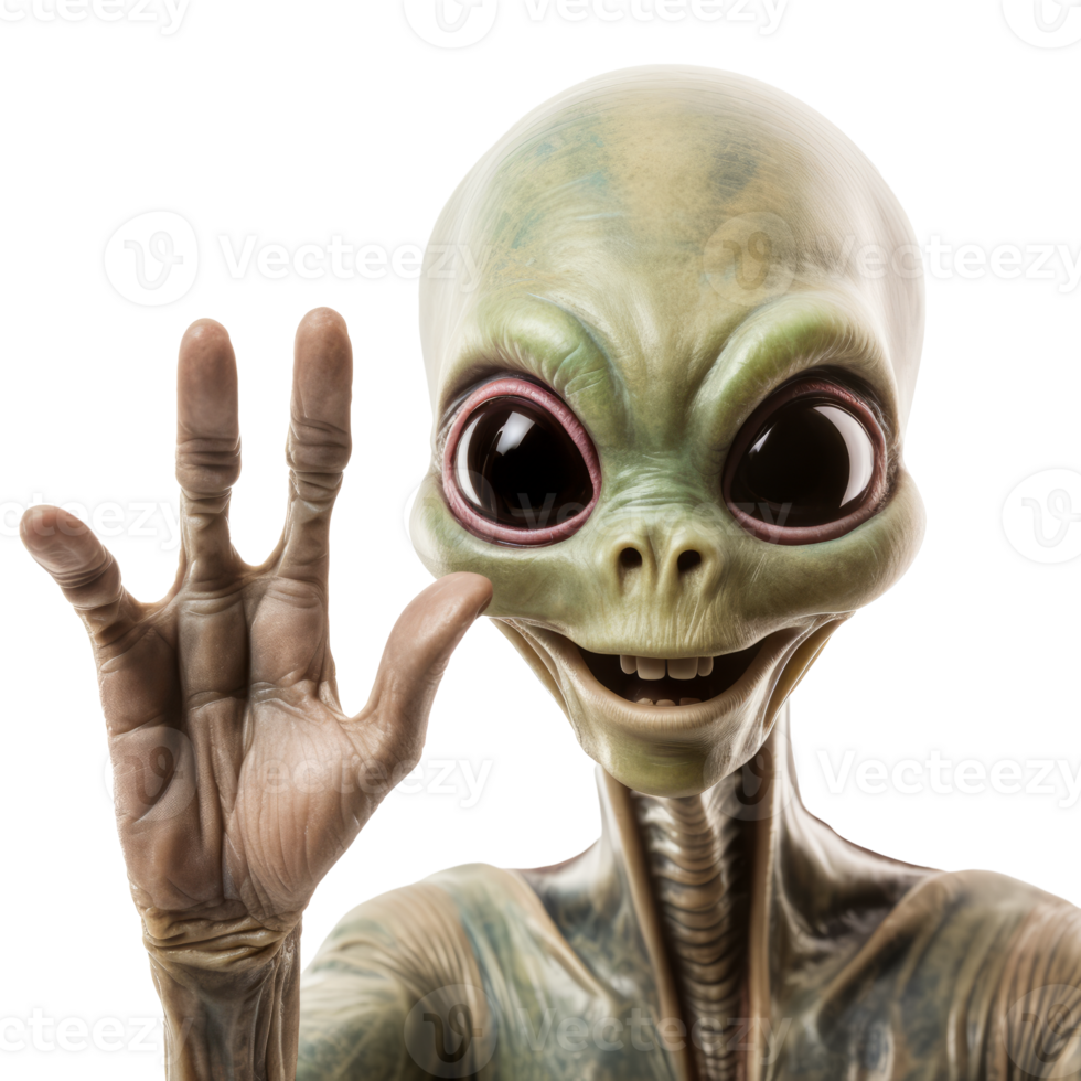 A friendly alien character with large eyes and a green complexion png