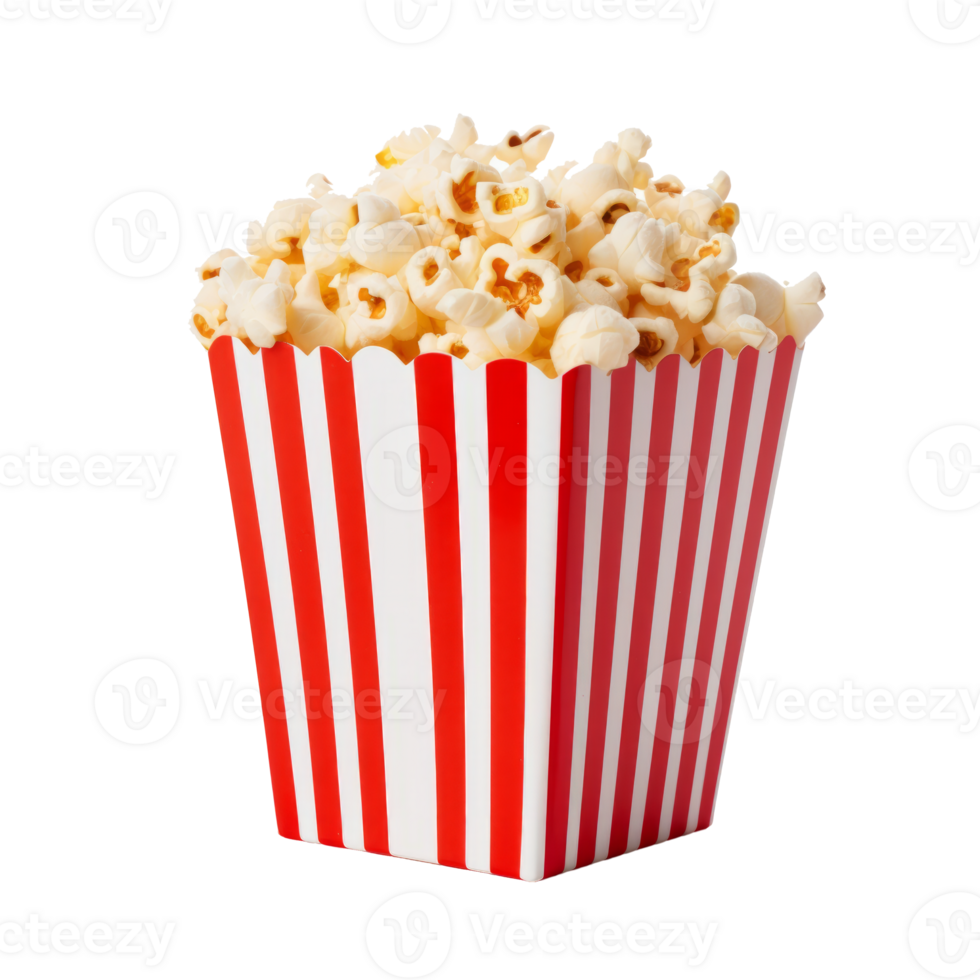 A striped red and white container filled with delicious popcorn. png