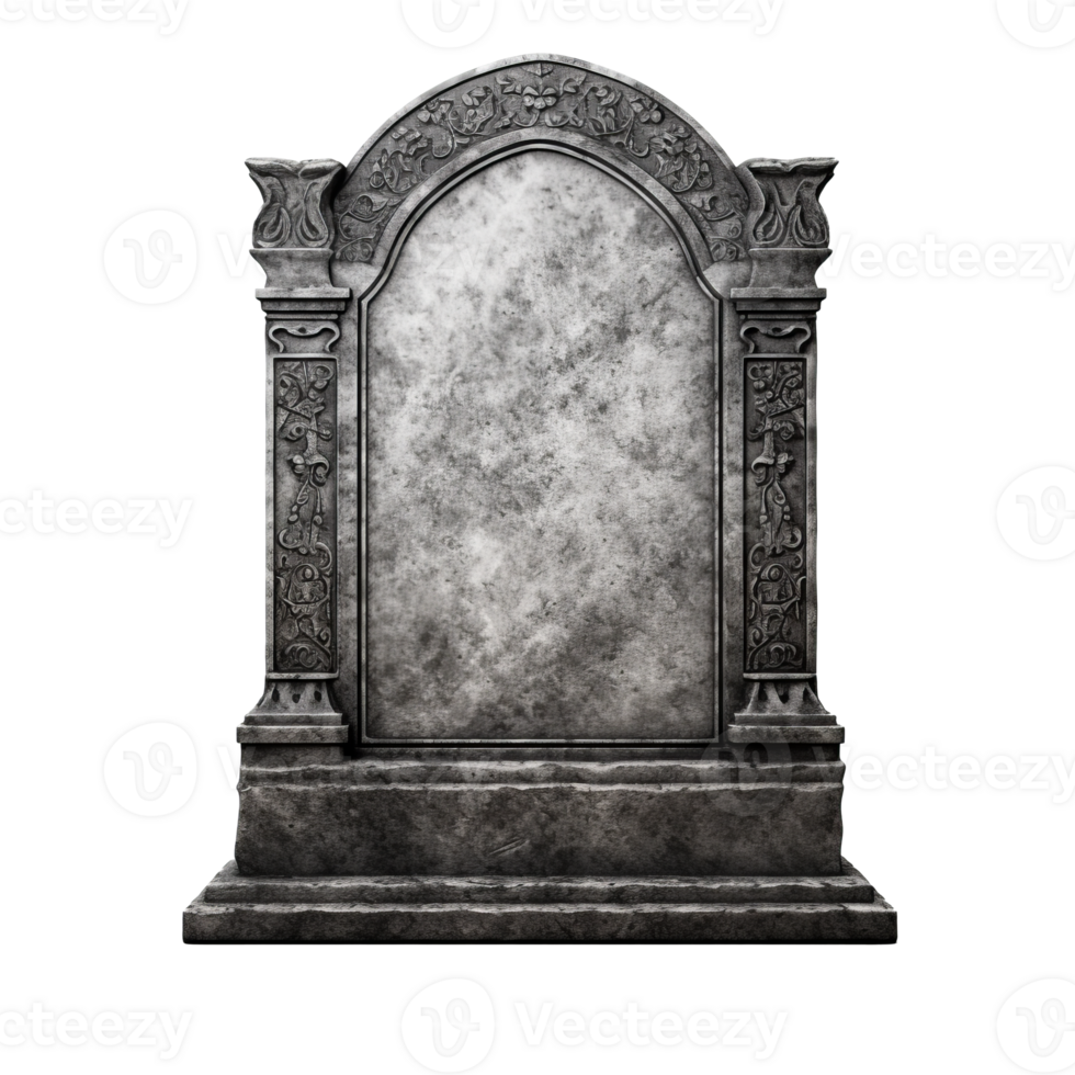 A weathered stone tombstone with ornate carvings and a classic design png