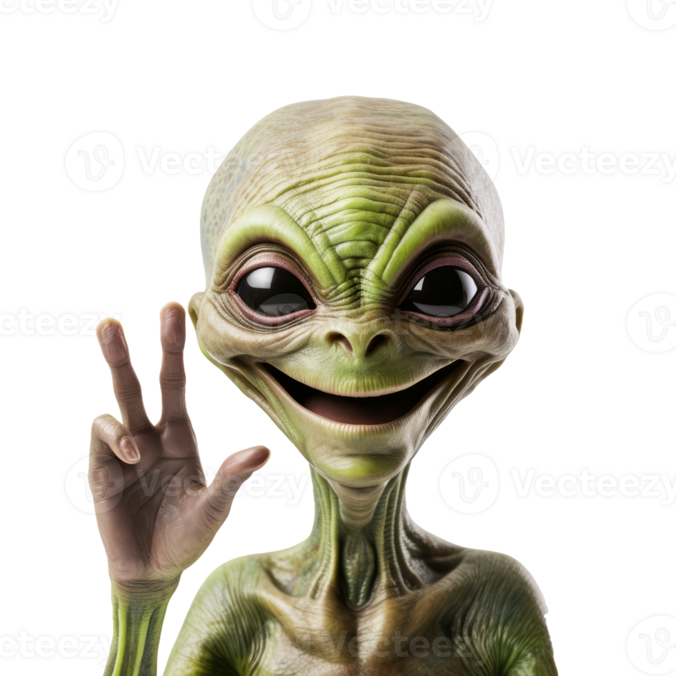 A friendly green alien character smiling and waving with a whimsical expression. png