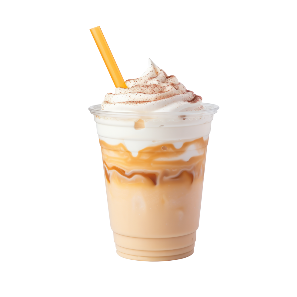 Delicious caramel frappuccino topped with whipped cream and chocolate syrup png