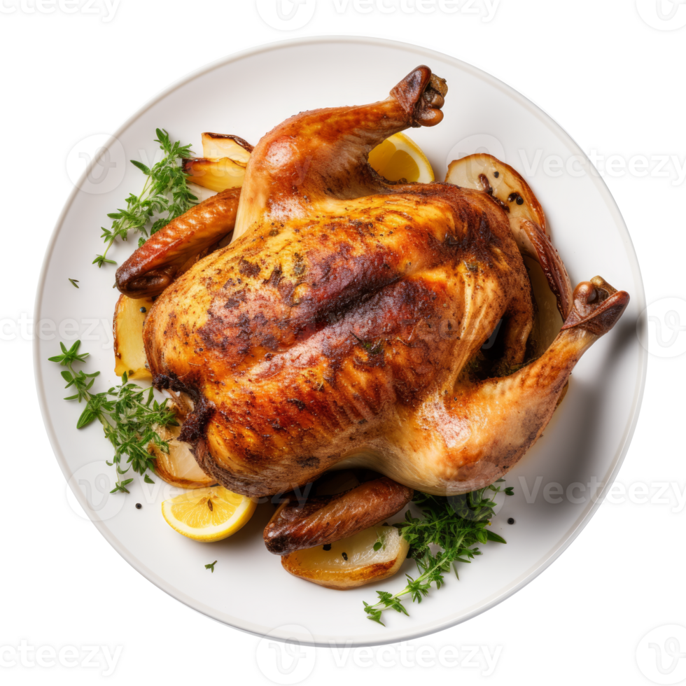 A beautifully roasted chicken served with potatoes and herbs on a plate. png