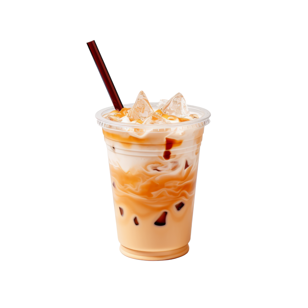 Iced coffee drink in a clear cup with ice and straw png