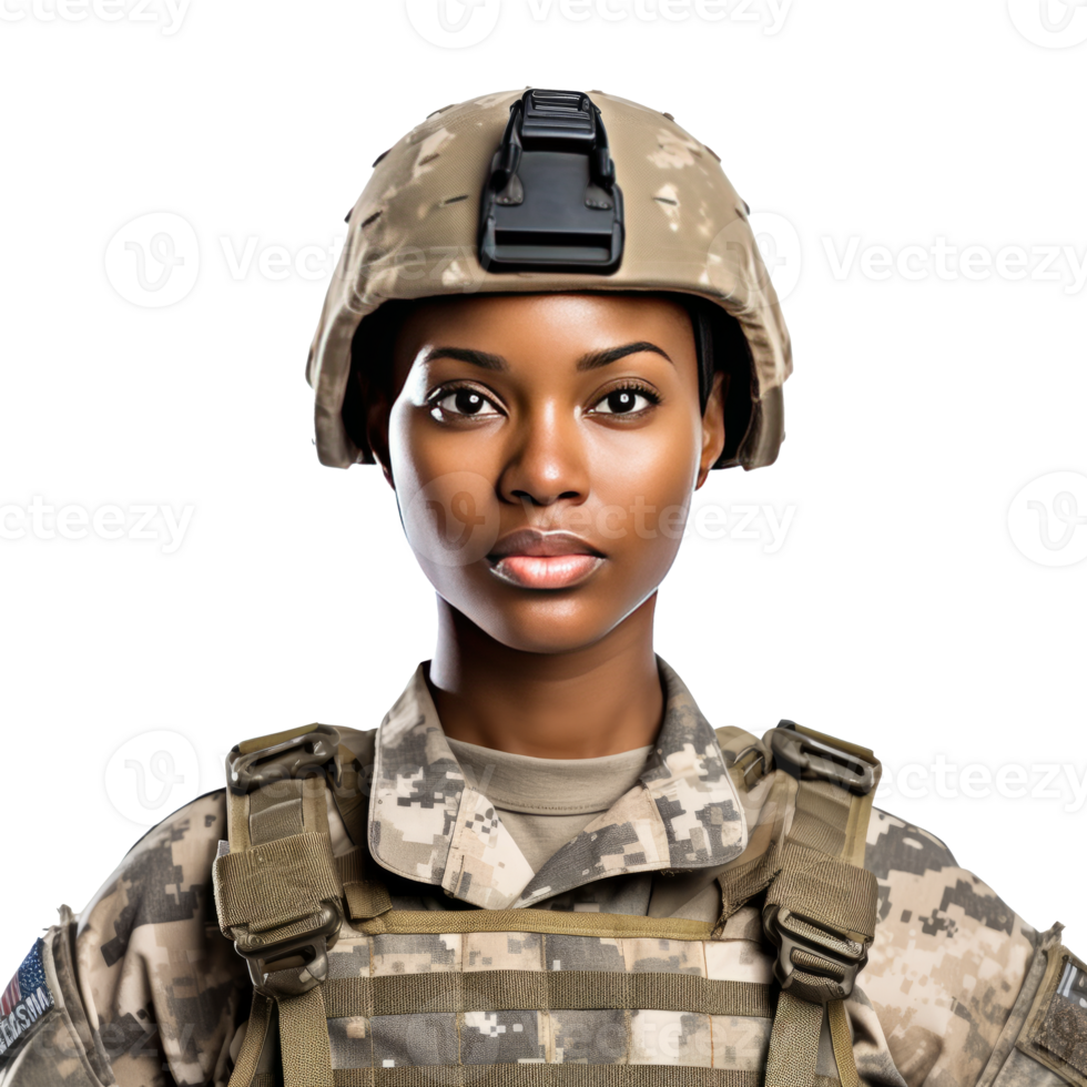 Female soldier in military uniform with helmet and camouflage pattern png