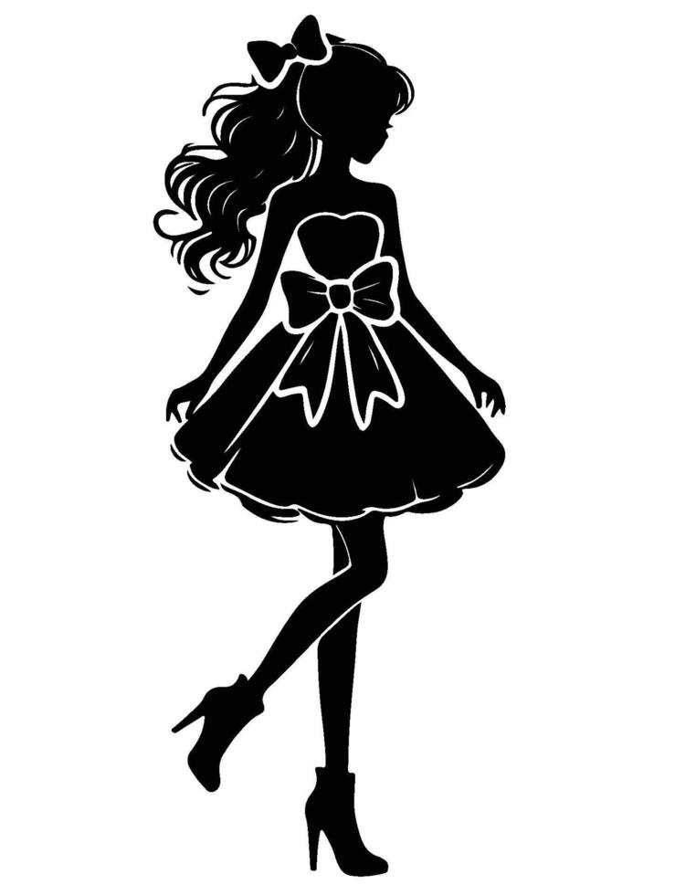 Silhouette of a girl in a pony tail wearing a bow dress and heels vector