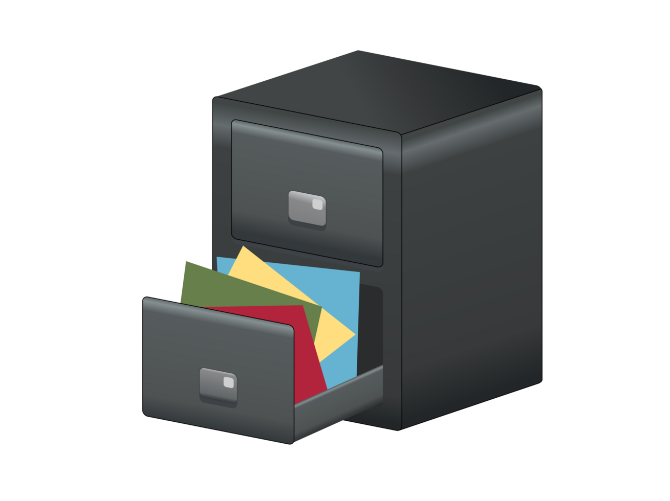 Office grey metal file cabinet icon with two drawers, handle folders png