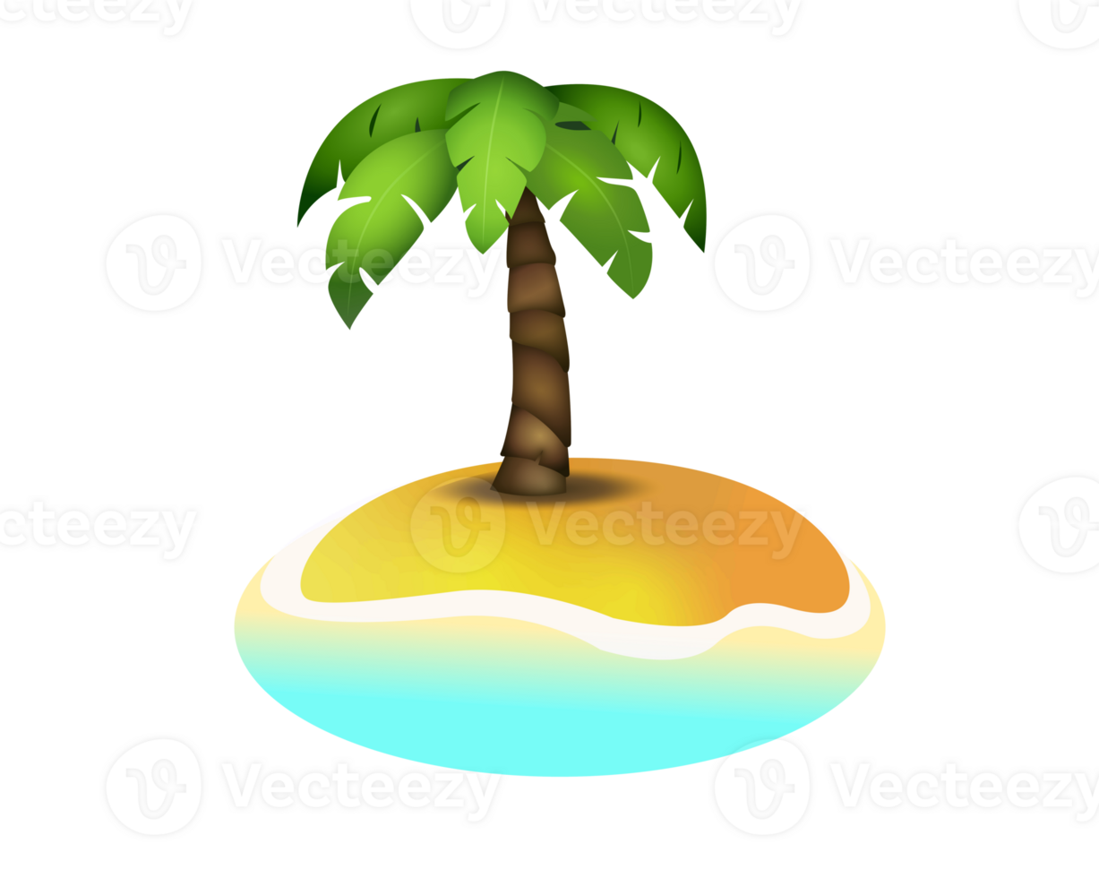 Small desert island icon with green coconut tree on beach surrounded by blue water png