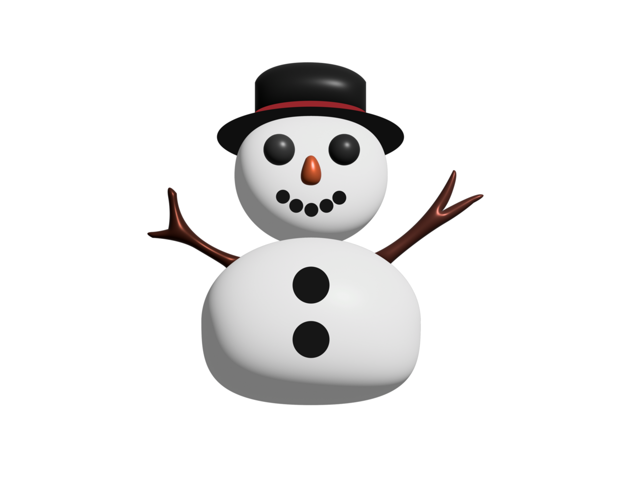 3D classic snowman made from two large snowballs icon, arms, top hat, carrot nose, coal eyes png