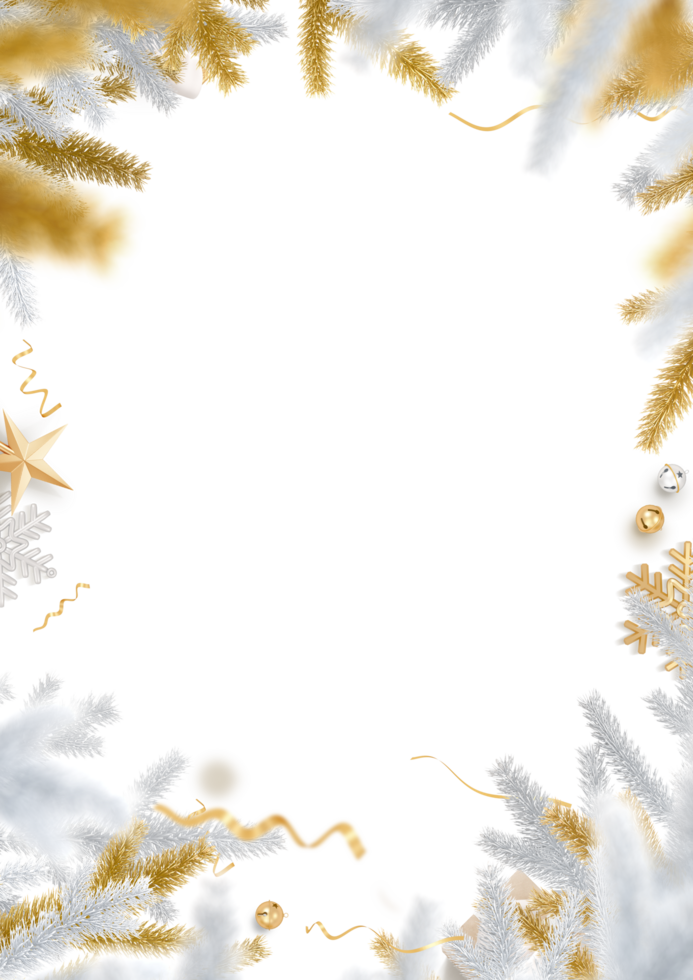 Christmas golden and white decoration border and blank page on transparent background png