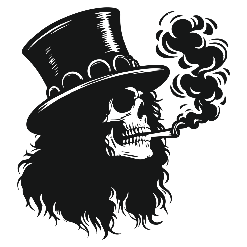 The skull has long hair and wears a top hat png