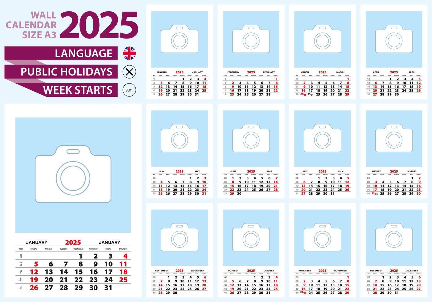 Wall calendar 2025 size A3, English language. Week start from Sunday. vector