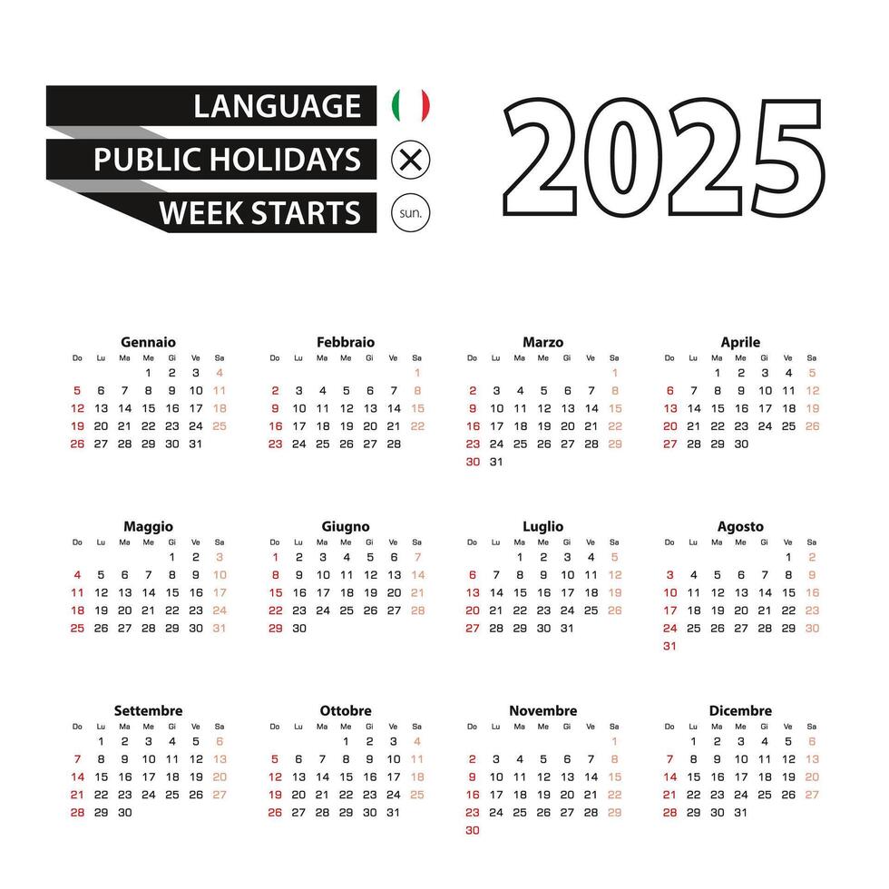 2025 calendar in Italian language, week starts from Sunday. vector
