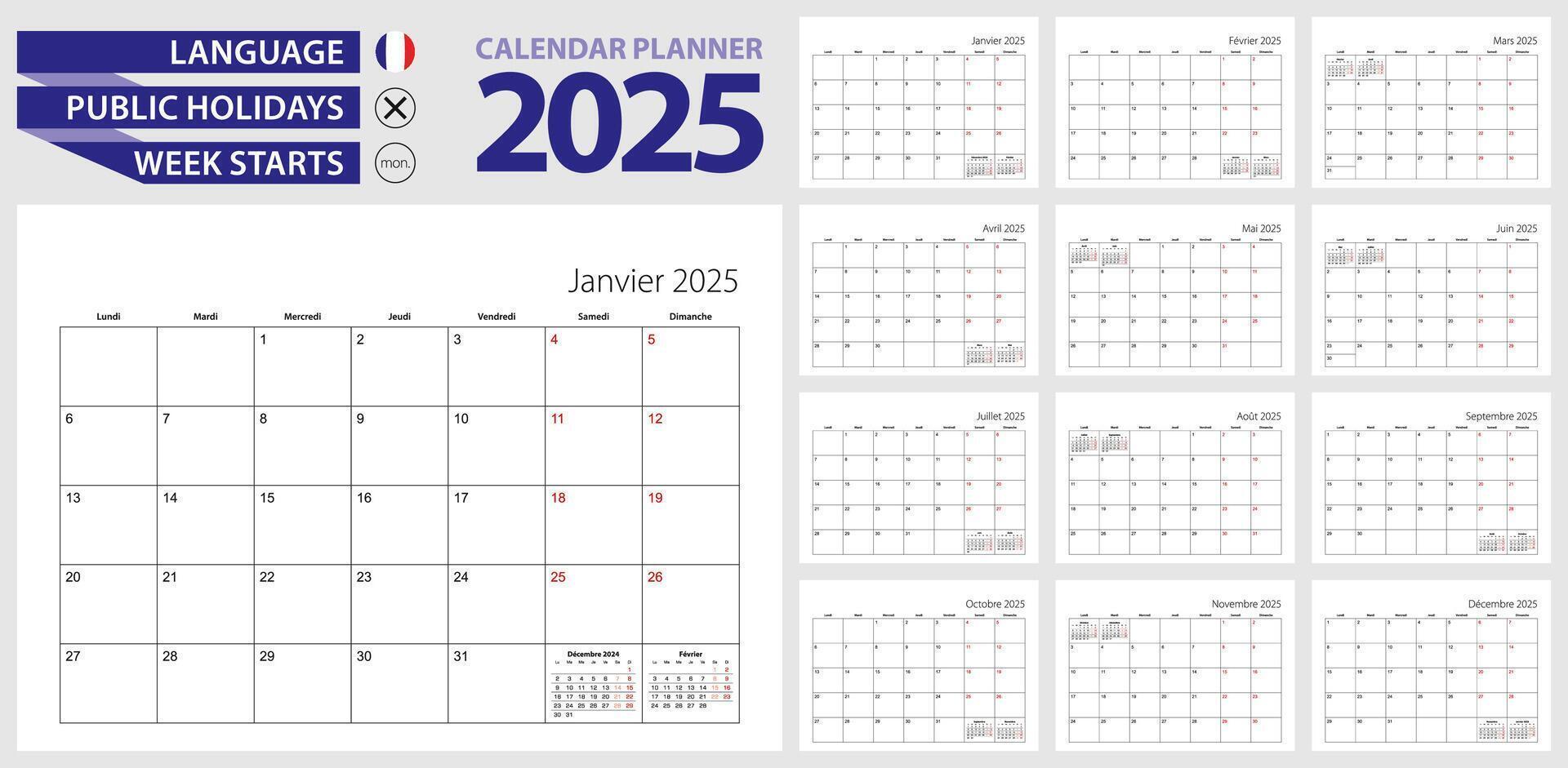 French calendar planner for 2025. French language, week starts from Monday. vector