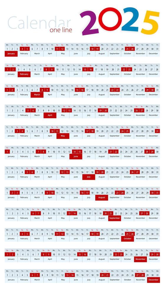 One line calendar for 2025 year. vector