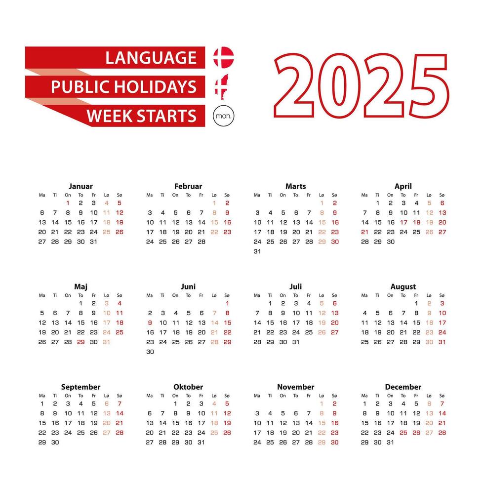 Calendar 2025 in Danish language with public holidays the country of