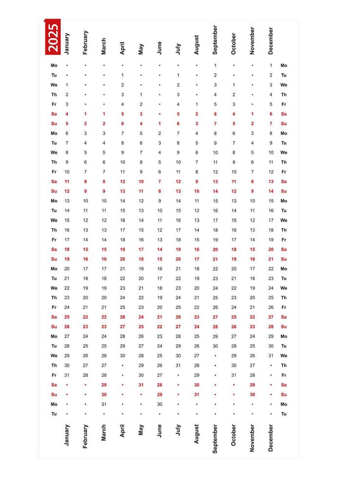 One row vertical calendar 2025, monday first day of the week. vector