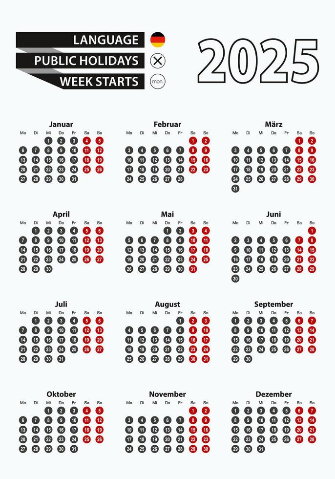 Template calendar 2025 with number in circles, simple German calendar for year 2025. vector