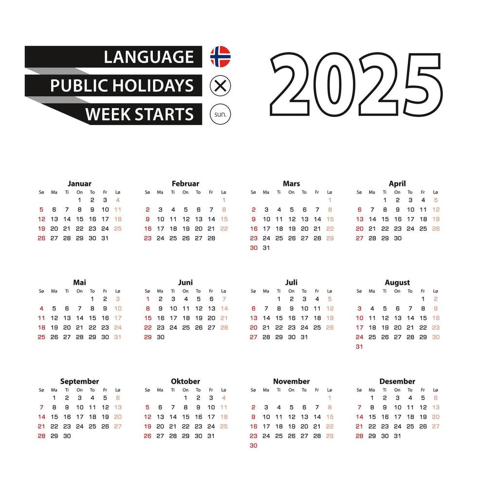 2025 calendar in Norwegian language, week starts from Sunday. vector