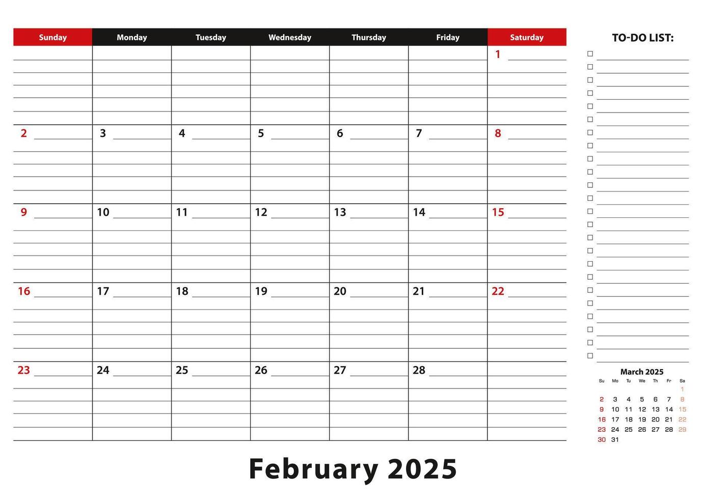 February 2025 Monthly Desk Pad Calendar week starts from sunday, size A3. vector