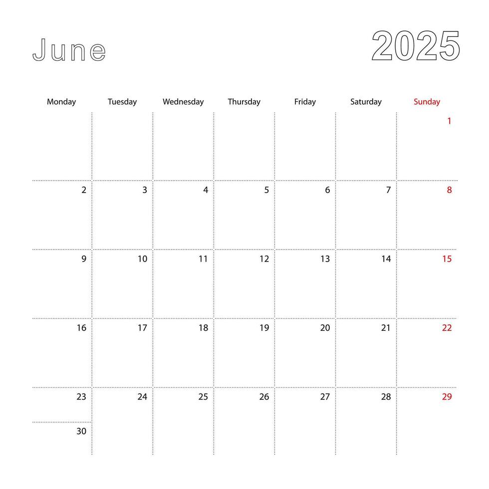 sencillo pared calendario para junio 2025 con punteado líneas. el
