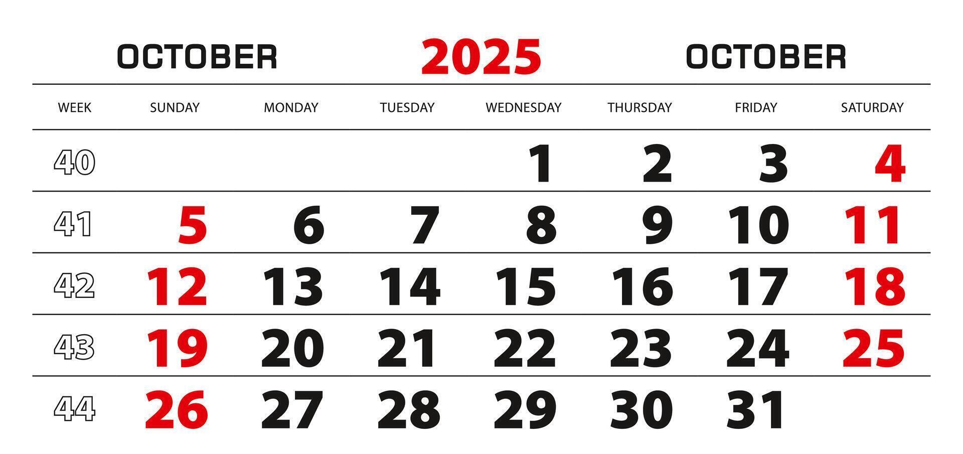 Wall calendar 2025 for october, week start from sunday. vector